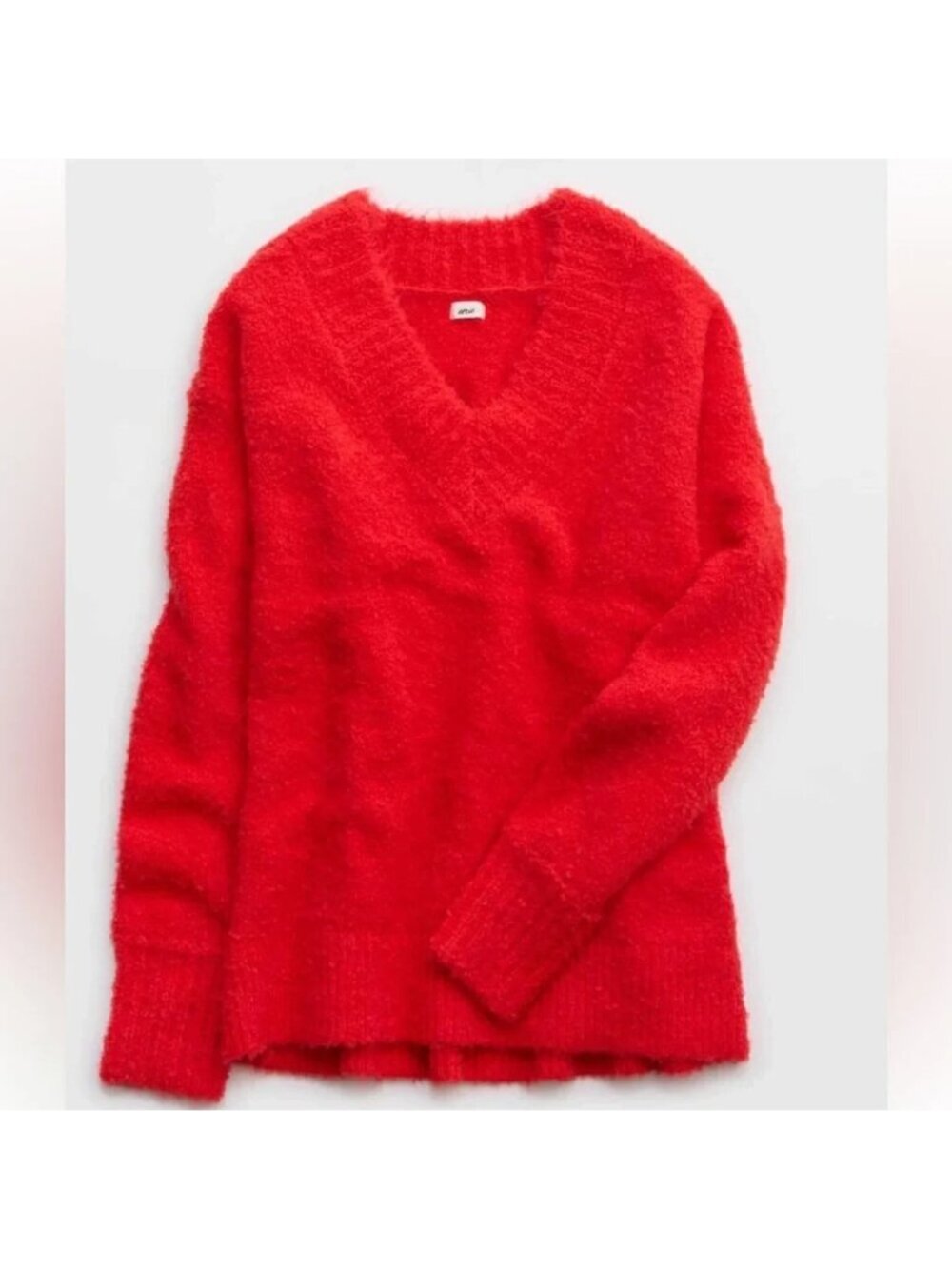 Aerie Teddy Boucle Sweater Coral Red V Neck M NWT